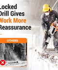 Professional Electric Jack Hammer Pumping 3500W in action, breaking concrete with locked drill for demolition work.