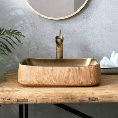 SDVantage Gold Rectangle Bathroom Vessel Sink, Ceramic Countertop Basin Sink Retro Industrial Style for M with hand-carved texture.