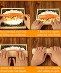 Step-by-step use of Bamboo Sushi Rolling Mat Set Of 4 Pcs for making homemade rolls, showing hands preparing sushi on bamboo mats.