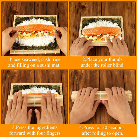 Step-by-step use of Bamboo Sushi Rolling Mat Set Of 4 Pcs for making homemade rolls, showing hands preparing sushi on bamboo mats.