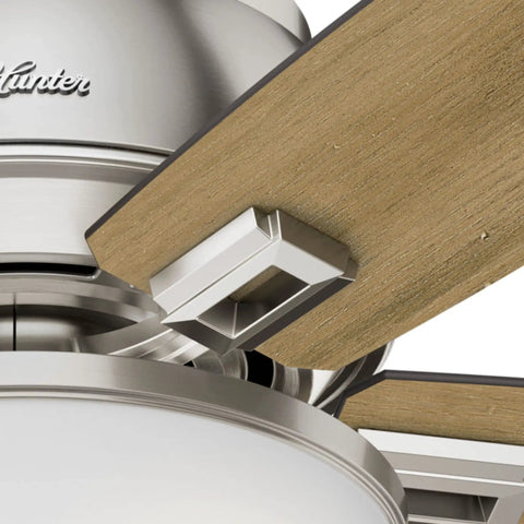 Close-up of Donegan 52 Inch Brushed Nickel Low Profile Ceiling Fan With Dope LED Light Kit and wooden blade attachment detail.