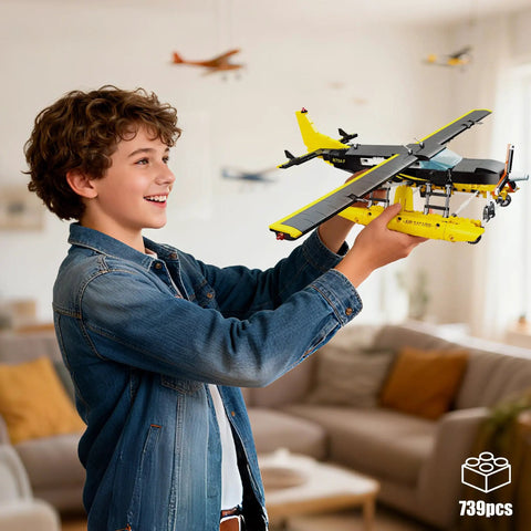 Child holding Epic Seaplane Building Block Set 739 Pieces For Teens And Builders Airplane Model Kit in living room