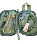 Rugged Fire Starter Survival Kit With Large Ferro Rod And Striker in prepper ready green carry bag, open display