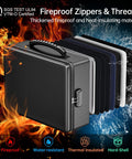 Beefy Fireproof Document Box Hard Case With Fireproof Zipper and Lock, black, thermal insulated layers shown, water resistant.