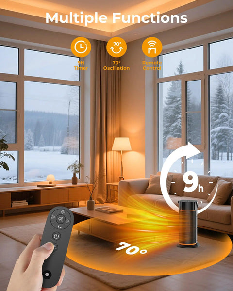 Portable Electric Space Heater With 1500W PTC Ceramic Heating Remote Timer 70 Degree Swing LED Display in living room