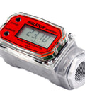 Industrial Digital Fuel Meter For Diesel Gasoline Kerosene And Lubricants With Three Quarter Inch NPT Connection, close-up view.