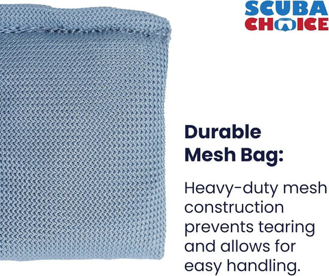 Close-up of Soft Mesh Diving Shot Weight Bag With Hardened Antimony Pellets, Durable Nylon Graphite-Free Build shown alongside logo.