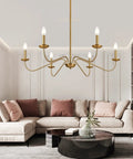 Six-Light Brushed Brass Chandelier For Dining Room, 35-Inch Wide Over Table Fixture, Sloped Ceiling Compatible Modern Pendant Light