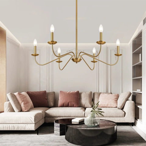 Six-Light Brushed Brass Chandelier For Dining Room, 35-Inch Wide Over Table Fixture, Sloped Ceiling Compatible Modern Pendant Light