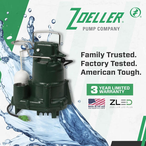 1/2 HP Cast Iron Sump Pump With LED Power Plug High Flow Vortex Impeller Stainless Steel Hardware