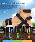 Aluminum Lawn Aerator Shoes With 2.2 Inch Spikes For Deep Core Aeration, Tough Metal Spiked Sandals shown on brown boot.