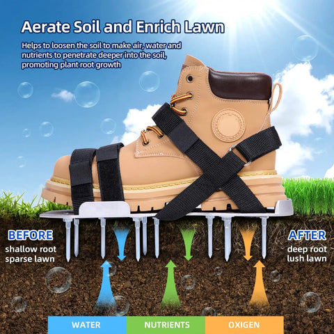 Aluminum Lawn Aerator Shoes With 2.2 Inch Spikes For Deep Core Aeration, Tough Metal Spiked Sandals shown on brown boot.