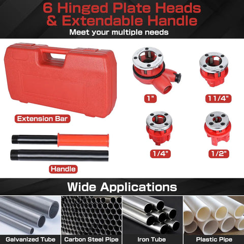 Durable Ratchet Pipe Threading Kit with 4 dies for 1/2, 3/4, 1, 1-1/4 inch pipes, includes storage case, Yaegoo manual threader set.