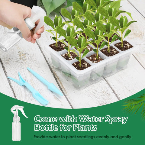 Silicone Seed Starter Tray Set With Drainage Holes 4 Pack Seed Starter Kit For Starting Plant Seeds Indoors With Humidity Adjustable Dome And Lid BPA Free Water Spray Bottle Included, showing seedlings in trays with a spray bottle and tools.