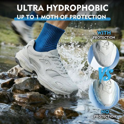 Waterproof Shoe Protector Spray With Nano Protection For Rain And Stain on gray sneaker repelling water, comparison with no protection.
