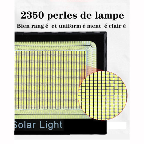 Close-up of JUDYSSY Solar Garden Outdoor Lights 300W LED panel showing 2350 lamp beads, highlighting bright light design.