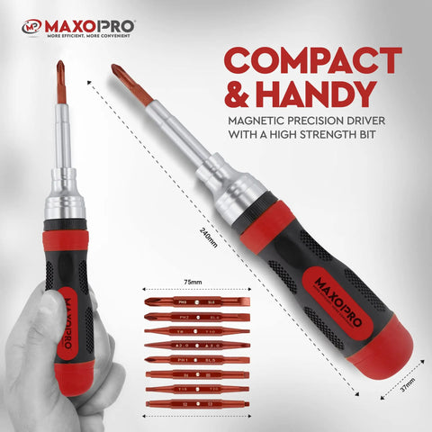 Ratcheting Screwdriver Set With Magnetic Tips 19 In 1 All In One Portable Handy Multi Tool showcased with various bits and sizes.