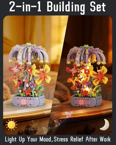 Dope Flower Building Blocks Kit For Adults Women With Artificial Flowers Craft Set Featuring A Butterfly Wishing Tree Design For Creative Botanical Decor And Dual Purpose Garden Style Build, 2-in-1 lit and unlit