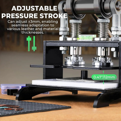 Pro Grade Leather Cutting Machine With 7.87 Inch Square Embossing Plate, Manual Die Cutter Stamping Tool, 1 Ton Force, shown in use