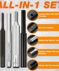 Pro Grade Punch Set Kit With Steel Punches Roll Pin Set Hammer And Organizer Case For Machinery Maintenance And DIY Projects Ideal For Jewelry Watchmaking Engineers Carpenters Bench Block Not Included showing various steel punches in multiple styles.