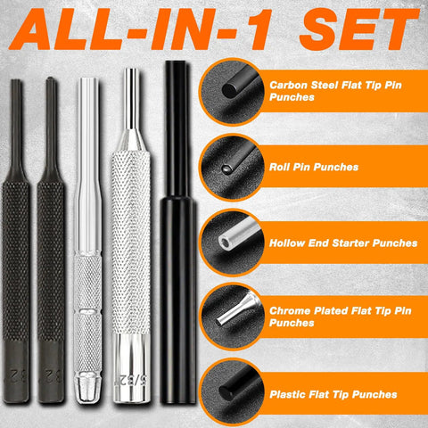Pro Grade Punch Set Kit With Steel Punches Roll Pin Set Hammer And Organizer Case For Machinery Maintenance And DIY Projects Ideal For Jewelry Watchmaking Engineers Carpenters Bench Block Not Included showing various steel punches in multiple styles.