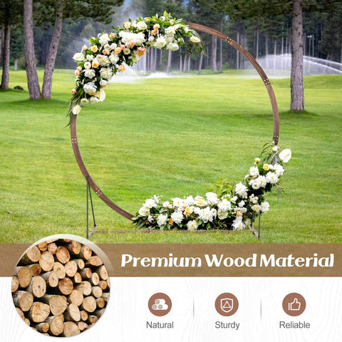 Wooden Wedding Arch Backdrop Stand 7.4 Ft for Outdoor Ceremonies decorated with flowers in a garden setting
