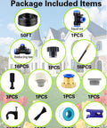 Package contents of All In One Drip Irrigation Kit With 50 Ft Hose, 16 360 Degree Adjustable Mist Sprayers, components displayed