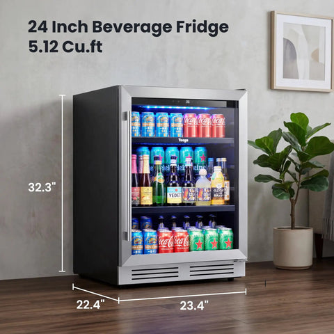 Under Counter Beverage Refrigerator With Glass Door 24 Inch 180 Can Beer Cooler, Temperature Range 34-54 Degrees Fahrenheit in room