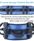 Padded Gait Belt with Seven Grips For Seniors, showing blue belt with adjustable 33.5-52 inch waist and easy grip handles.
