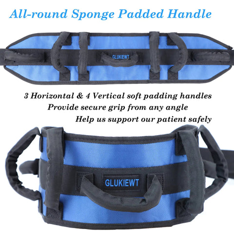 Padded Gait Belt with Seven Grips For Seniors, showing blue belt with adjustable 33.5-52 inch waist and easy grip handles.