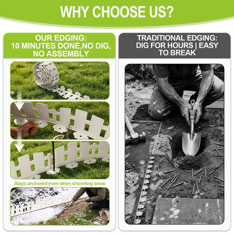 Comparison of No Dig Plastic Garden Edging Border Kit With 90 Flexible Stakes White Picket Fence Style to traditional edging.