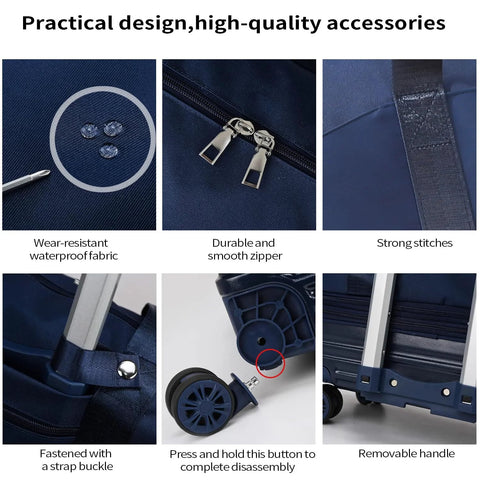 Blue Bellpo rolling duffle bag with wheels and retractable handle; waterproof fabric and durable zippers.