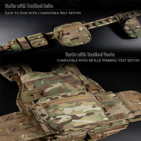 Grabs-And-Go Utility Pouch MOLLE-Compatible Gear Organizer Bag attached to tactical belt and vest with camo pattern