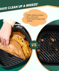 Hand using Air Fryer Disposable Parchment Paper Liners 8 Inch Square Bleach Free Food Grade Oil Proof Nonstick 100 Pack For Air Frying