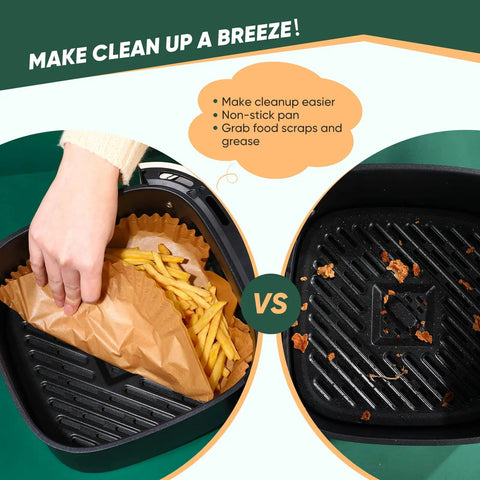 Hand using Air Fryer Disposable Parchment Paper Liners 8 Inch Square Bleach Free Food Grade Oil Proof Nonstick 100 Pack For Air Frying