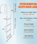 Removable Four Step Dock Ladder With Aluminum Alloy Pontoon Boat Access, 500 Lbs Capacity, 3.1 Inch Wide Nonslip Steps With Mat, Easy Install For Boat Lake Pool And Marine Boarding. 4-step aluminum ladder with dimensions and 500 lb capacity