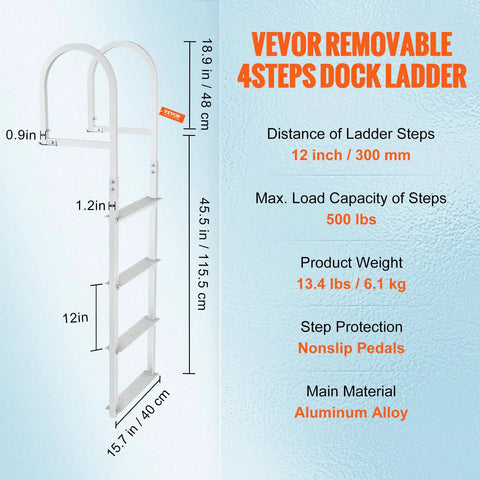 Removable Four Step Dock Ladder With Aluminum Alloy Pontoon Boat Access, 500 Lbs Capacity, 3.1 Inch Wide Nonslip Steps With Mat, Easy Install For Boat Lake Pool And Marine Boarding. 4-step aluminum ladder with dimensions and 500 lb capacity