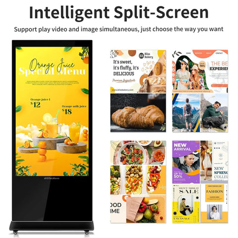 Legit 43 Inch Touch Screen Digital Signage Display Floor Stand Kiosk with vibrant orange juice menu and split-screen layout