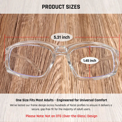 Permanent Anti Fog Safety Glasses With Side Shields For Woodworking Lab Work And Construction, Crystal Clear Vision, dimensions shown