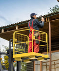 Forklift safety cage (36x36 in), yellow metal work platform with grid sides and rails; worker on forklift.