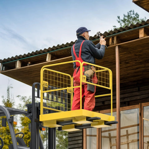 Forklift safety cage (36x36 in), yellow metal work platform with grid sides and rails; worker on forklift.