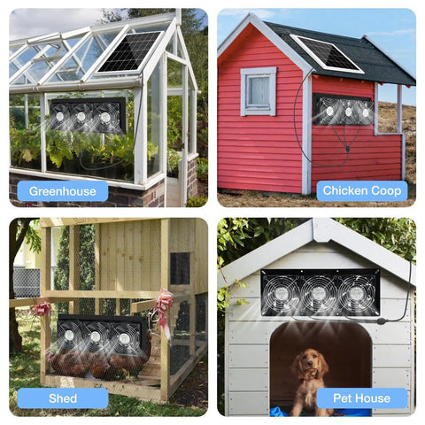 Solar Powered 3 Fan Kit For Outdoor Chicken Coop Greenhouse And Shed Waterproof Air Intake Or Exhaust Fans in various settings