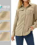 Women's UPF 50 Long Sleeve Safari Shirt For All Day Outdoorsy Adventures With Quick Dry Moisture Wicking Tech Lightweight And Stain Resistant Fabric Great For Fishing Hiking Travel In Khaki Size M, showing fabric drying stages
