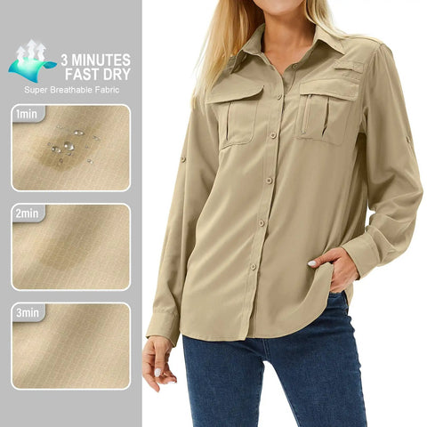 Women's UPF 50 Long Sleeve Safari Shirt For All Day Outdoorsy Adventures With Quick Dry Moisture Wicking Tech Lightweight And Stain Resistant Fabric Great For Fishing Hiking Travel In Khaki Size M, showing fabric drying stages