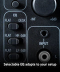 Close-up of Ultra Compact 50W Wireless Bluetooth Studio Monitors EQ controls and input for music production, mixing, and mastering.