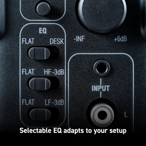Close-up of Ultra Compact 50W Wireless Bluetooth Studio Monitors EQ controls and input for music production, mixing, and mastering.