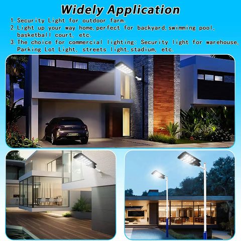 Go To 1000W Outdoor Solar Street Light With Motion Sensor illuminating house facade at night, showcasing wide 240-degree coverage.