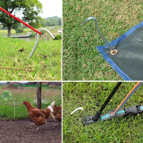 Heavy Duty 9 Inch Metal Tent Stakes, 25 Pack, Anti Rust Galvanized Steel Ground Stakes securing tarps and fences in grass.
