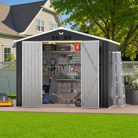 10x8 Foot Metal Outdoor Storage Shed With Lockable Doors, Weatherproof Backyard Tool Shed for Mowers, Bikes and Gear