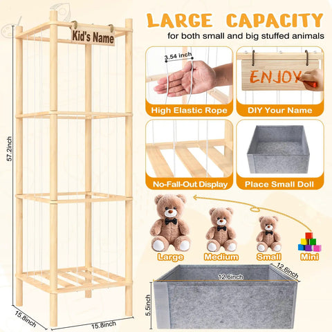 Large Wooden Stuffed Animal Storage Zoo Organizer With Toys Tray 57 Inch Tall for Plushies showing large capacity display.